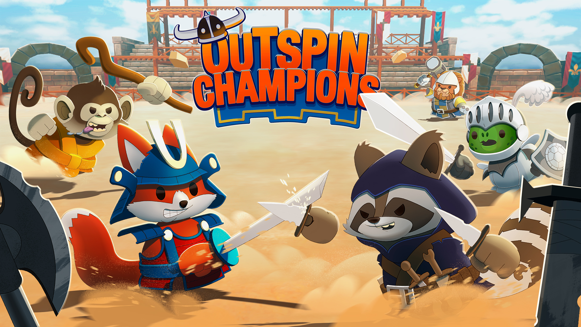 Outspin Champions key art — cartoon animal gladiators clashing in a sunlit arena